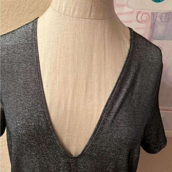 Reformation Glittery Gray Deep V Neckine Short Sleeve Shirt - Picture 2 of 7